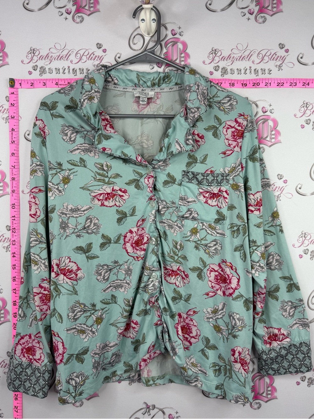 Jones New York shirt Mint Floral Button-Up Top with Pink Roses